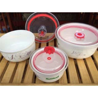 Bộ 3 THỐ sứ NUTIFOOD hình hoa nắp đậy hút chân không