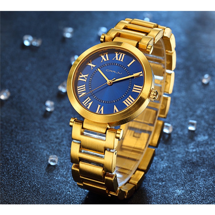 Đồng Hồ Quartz CRRJU Chất Liệu Thép Không Gỉ Mạ Vàng 2123