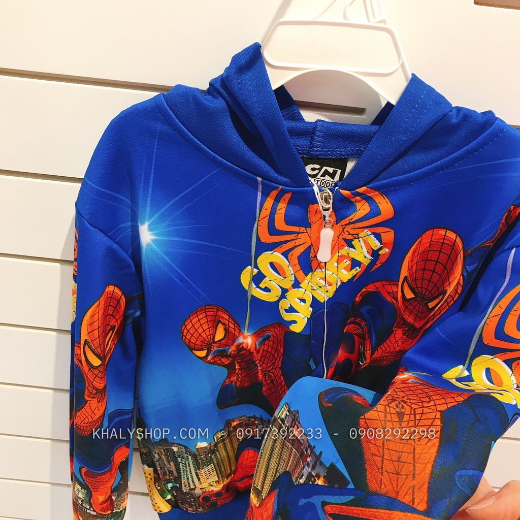 Áo khoác nón và dây kéo hình người nhện Spiderman màu xanh size M,XL cho bé trai - AKSPMXM