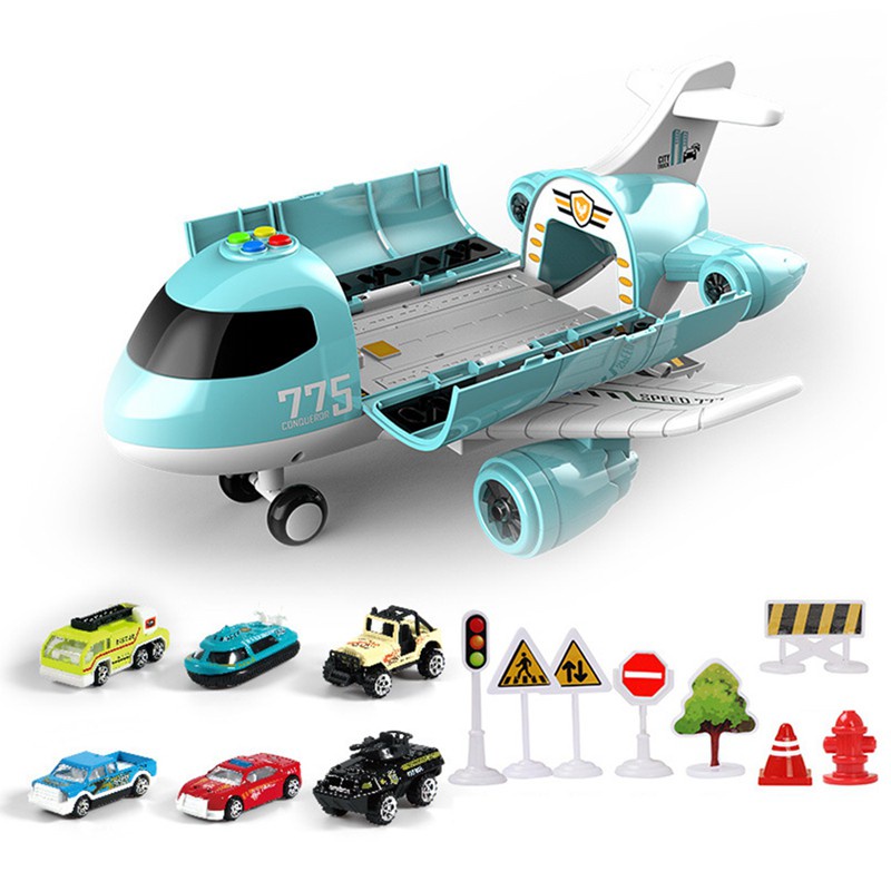 Music Light Inertia Children's Gift Airplane Toy with Alloy Truck,E