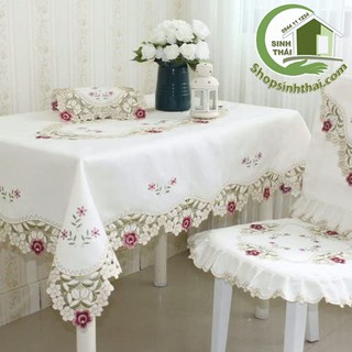 [ 1,4m x 1,8m ] Tấm khăn trải bàn bằng vải thêu hoa cao cấp sang trọng - vải cotton trắng - giao hoa văn ngẫu nhiên