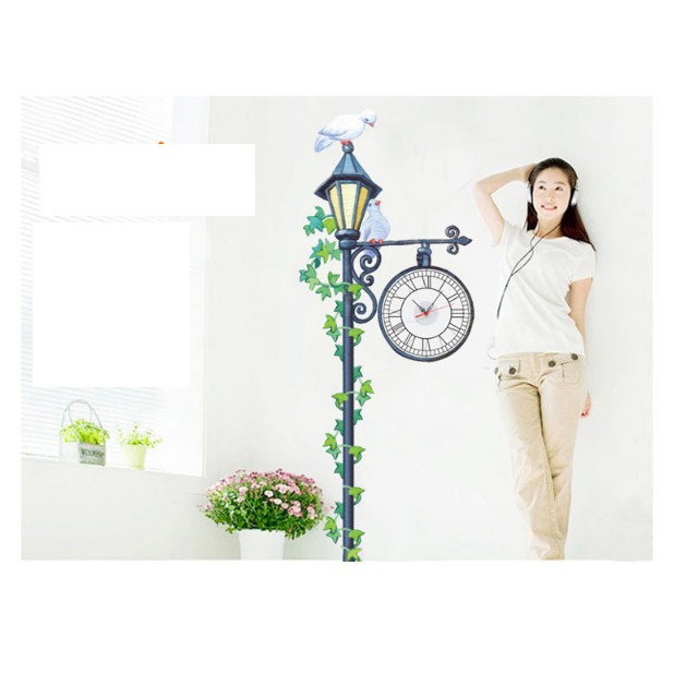 Decal Trang Trí Tường Kèm Đồng Hồ Dán Tường- Cây Đèn Đường Cổ Điển ( Cao Cấp )
