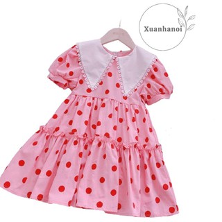 Váy bé gái chấm bi hồng cổ ren hoa XHN696