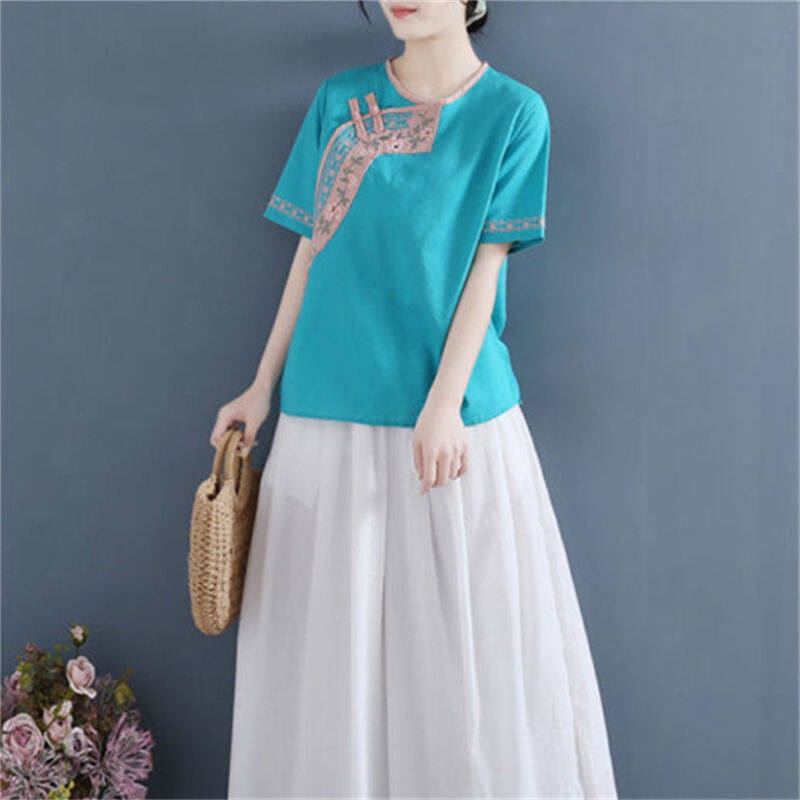 Áo Thun Cotton Ngắn Tay Cổ Tròn Form Rộng Thêu Họa Tiết Phong Cách Cổ Điển Dành Cho Nữ