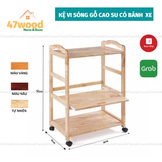 Kệ để lò vi sóng gỗ cao su chắc chắn có bánh xe di chuyển - Kệ vi sóng 3 tầng 47wood