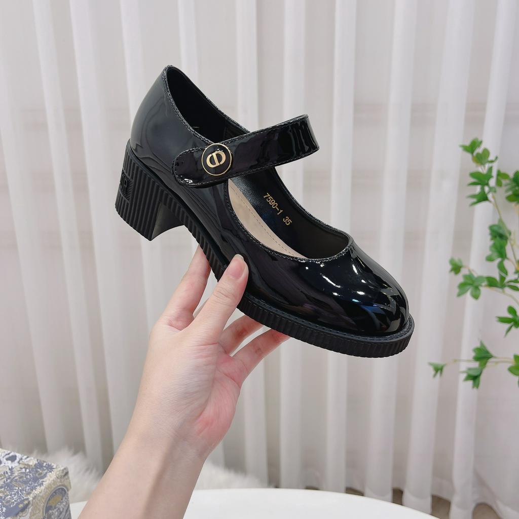 Giày búp bê quai ngang mũi tròn da bóng gót 5cm