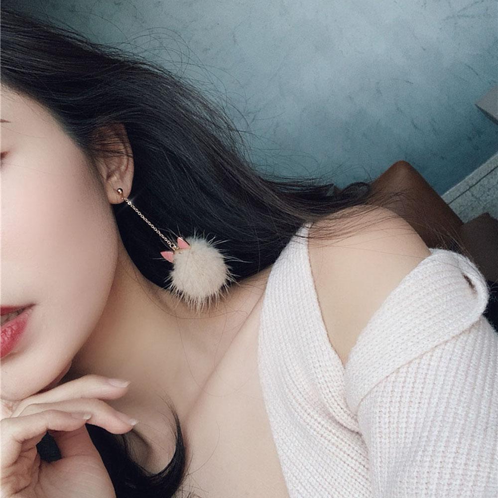 Bông Tai Dáng Dài Phối Lông Kiểu Hàn Quốc Dễ Thương Cho Nữ