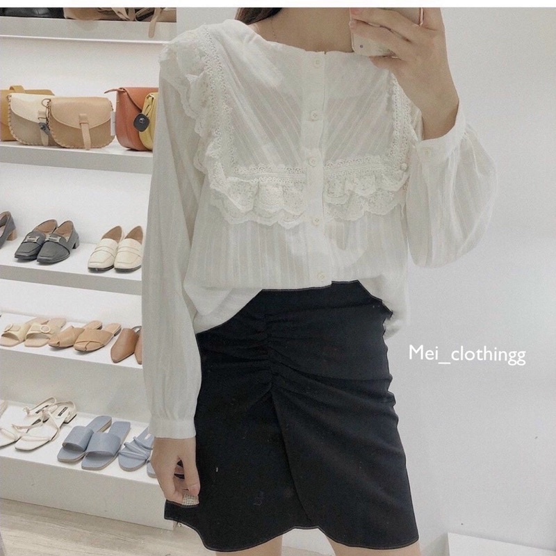 [Ảnh thật/video] Áo sơmi trắng bánh bèo cổ ren vuông/ sơ mi tiểu thư đơn giản