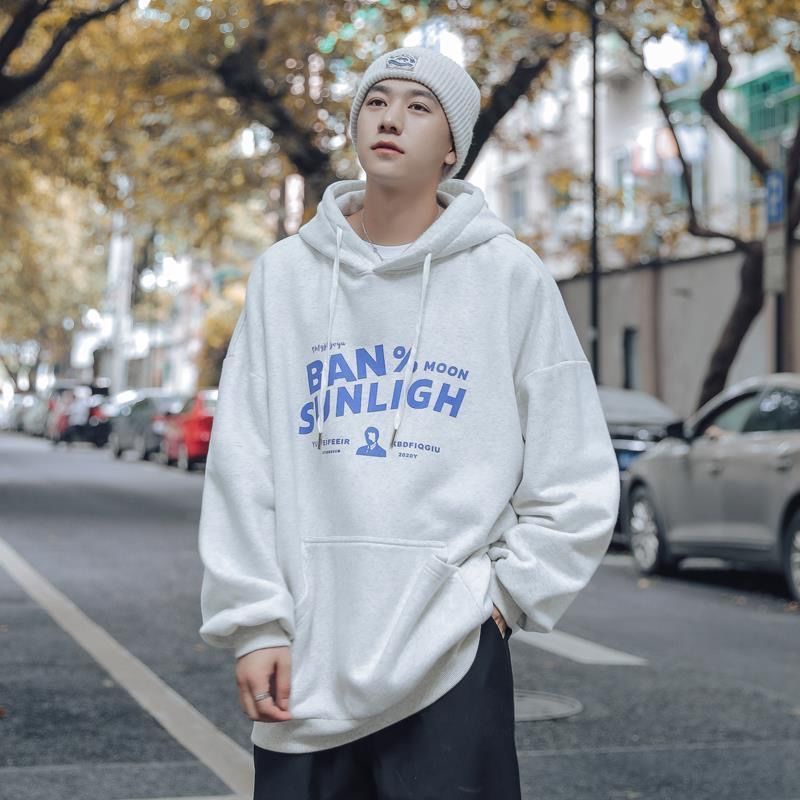 ✦ AFFLIGA ✦Áo hoodie tay dài dáng rộng màu trơn in chữ phong cách Hàn Quốc thời trang cho nam size m-2xl