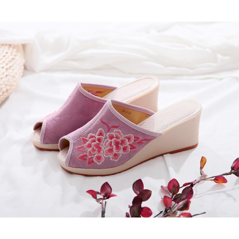 Giày Vải Jacquard Cotton Hở Mũi Thêu Họa Tiết Dân Tộc Bắc Kinh Cổ Điển Phong Cách Mới 2020 SliA7