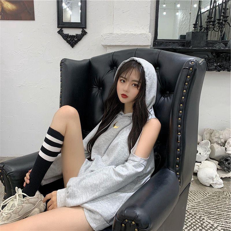 Áo hoodie nữ hở vai dáng ôm màu trơn