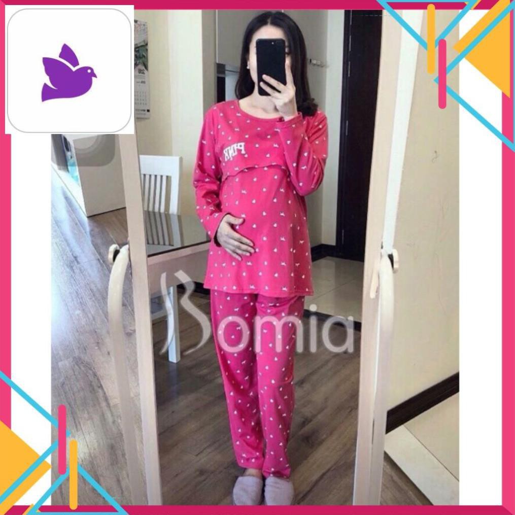Bộ Đồ Bầu Sau Sinh Cho Con Bú Pink Dài Tay (apastore_official)