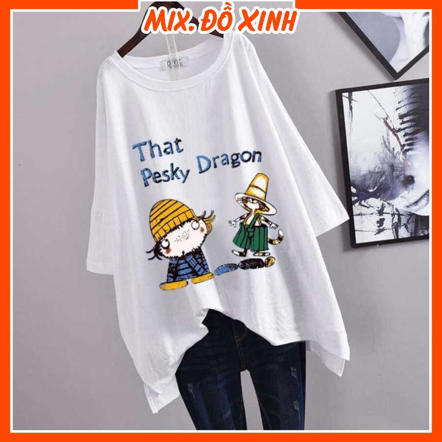 Áo thun nam nữ form rộng tay lỡ Thu Hà áo phông unisex freesize chất liệu mềm mát in chữ That Pesky Dragon