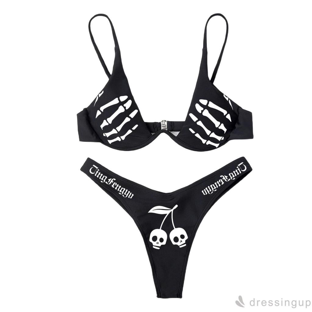 Bộ đồ bơi bikini cổ chữ V xẻ sâu họa tiết đầu lâu + quần lót lưng thun co giãn cho nữ
 | BigBuy360 - bigbuy360.vn