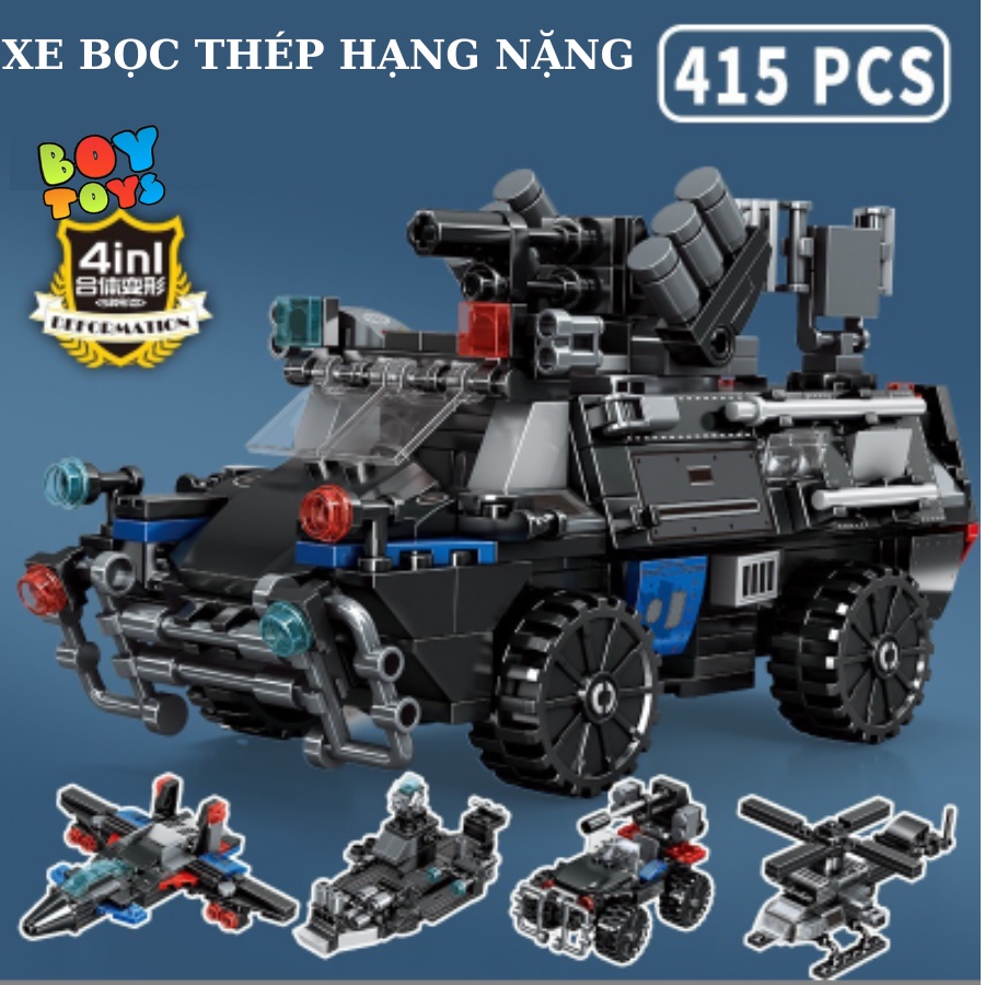 Hộp đồ chơi lego lắp ghép mô hình phương tiện chiến đấu xe bọc thép, tàu chiến, máy bay 4 trong 1