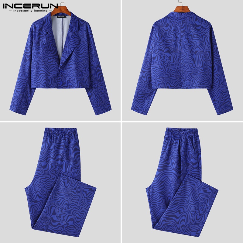 Set trang phục INCERUN áo khoác blazer dáng ngắn và quần dài in họa tiết phong cách vintage thời trang cho nam