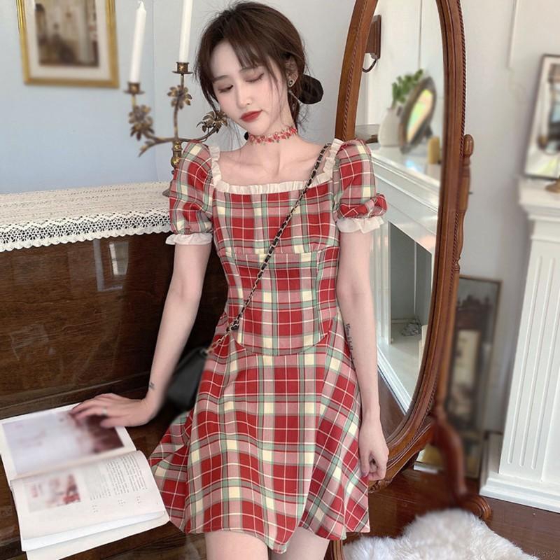 Đầm Nữ Tay Phồng Cổ Vuông Nhấn Eo Phong Cách Retro Pháp Thanh Lịch