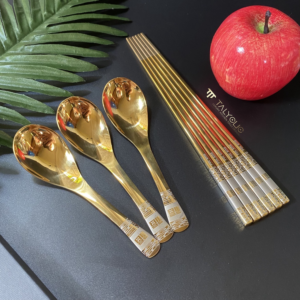 Bộ thìa đũa muỗng dĩa inox 304 mạ vàng cán dài cao cấp sang chảnh dụng cụ cá nhân ăn cơm văn phòng dã ngoại