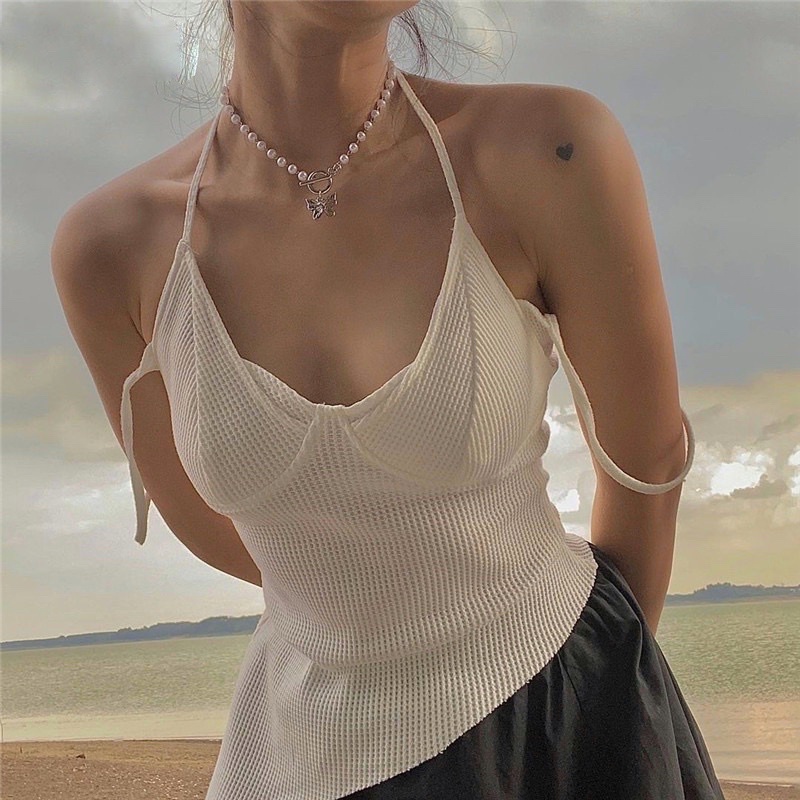 Áo Tank Top Hai Dây Cổ Chữ V Hở Lưng Dáng Ôm Màu Trơn Thời Trang Cho Nữ 081121