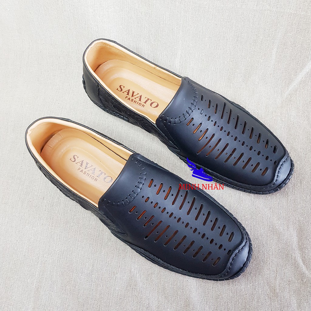 Giày rọ nam da bò cao cấp ĐẶC BIỆT LÓT DA CỪU nguyên tấm đế khâu mùa hè đục lỗ thoáng khí Men’s Summer Shoes H-2 màu đen
