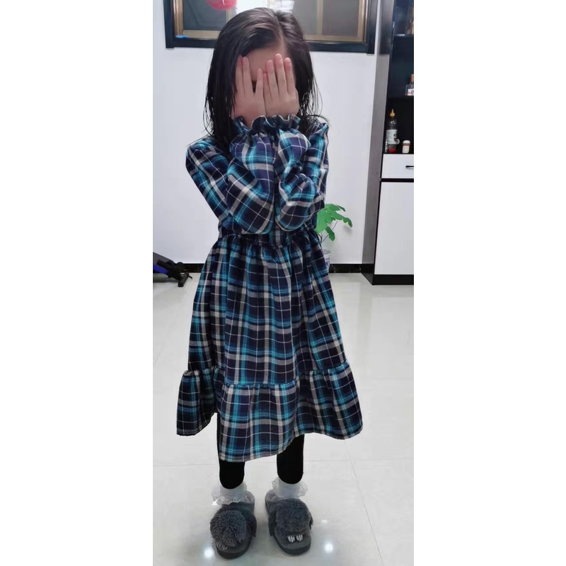 Váy đầm xoè dài tay hoạ tiết caro cho bé gái  Cao 110-160cm, nặng 14-40kg) N00978