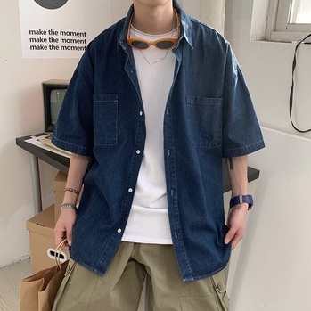 Áo sơ mi jean nam form rộng tay lỡ màu xanh đậm phong cách Hàn Quốc pon.mens