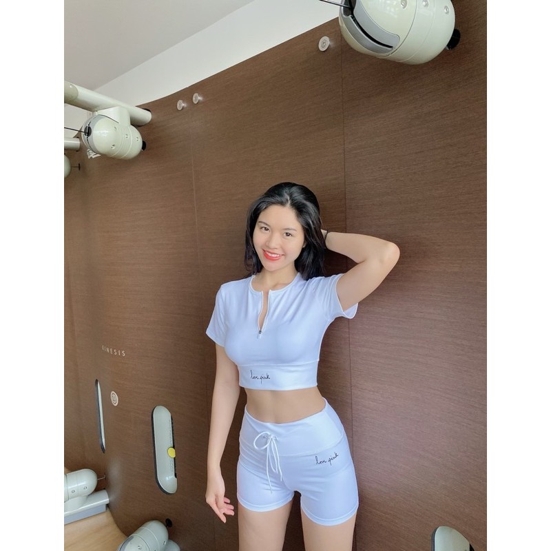 Set Ngắn Thể Thao Nữ, Tập Gym, Áo Croptop Love Pink Cực Xinh