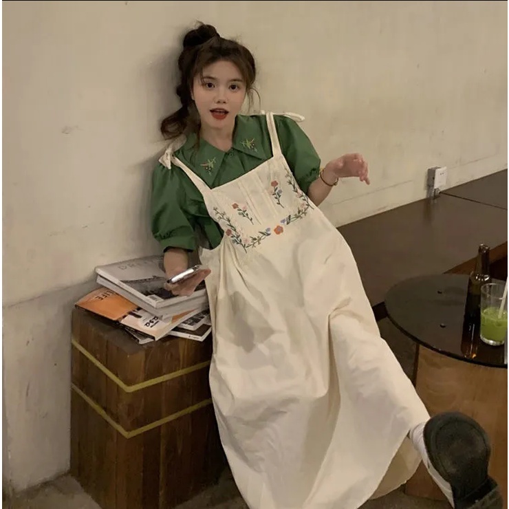 Bộ Áo Tay Phồng Thêu Họa Tiết Trái Cây + Chân Váy Dài Trung Bình Thời Trang Mùa Hè Cho Nữ