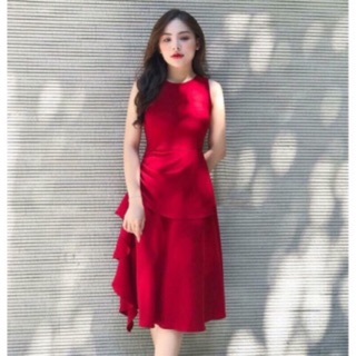 Đầm đỏ berry nhún eo sang trọng