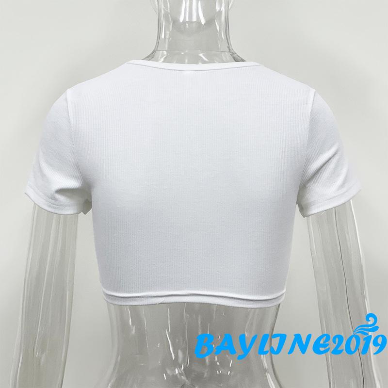 BAY-Ladies Summer Autumn Midriff-baring Tops, Women Solid Color Hollow Ring Decoration Round Collar Short Sleeve Slim