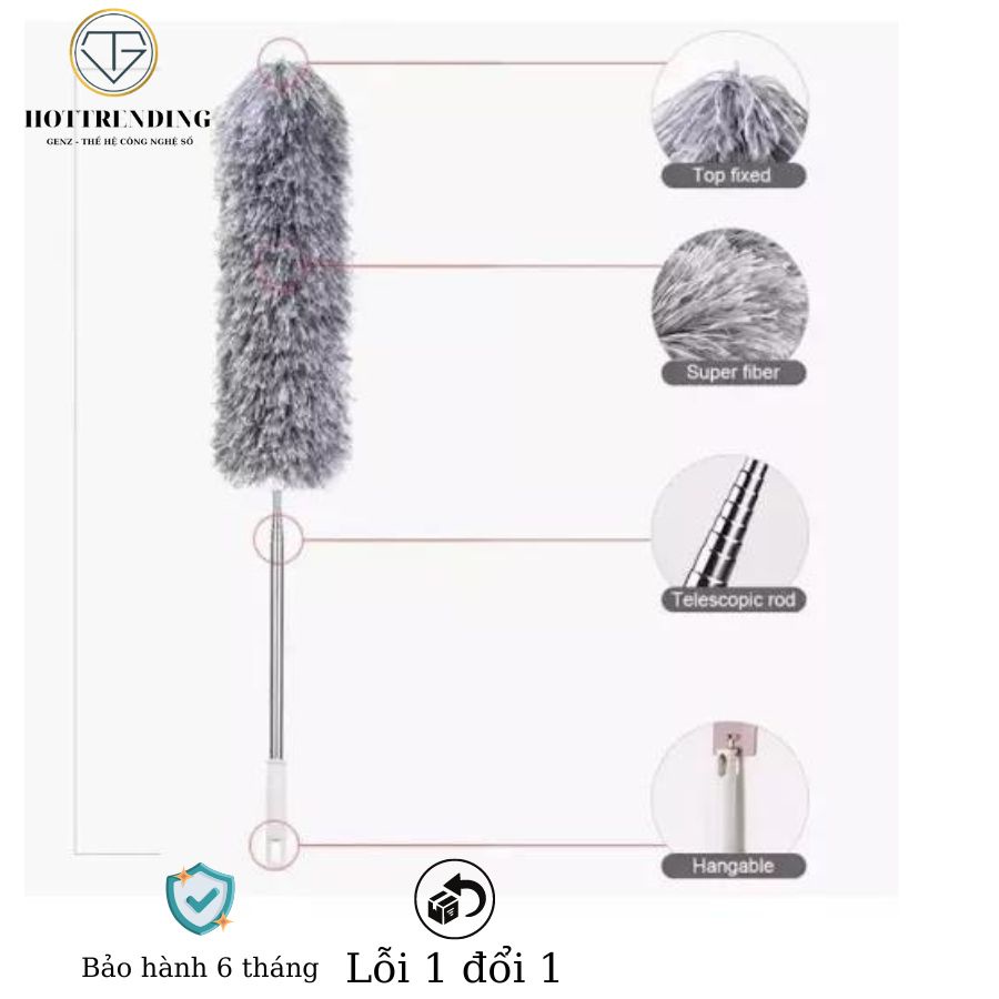 Cây chổi lông quét lau bụi mạng nhện trần nhà đa năng cán dài inox rút gọn kéo dài 250cm, đầu chổi gập 90 độ hàng loại 1