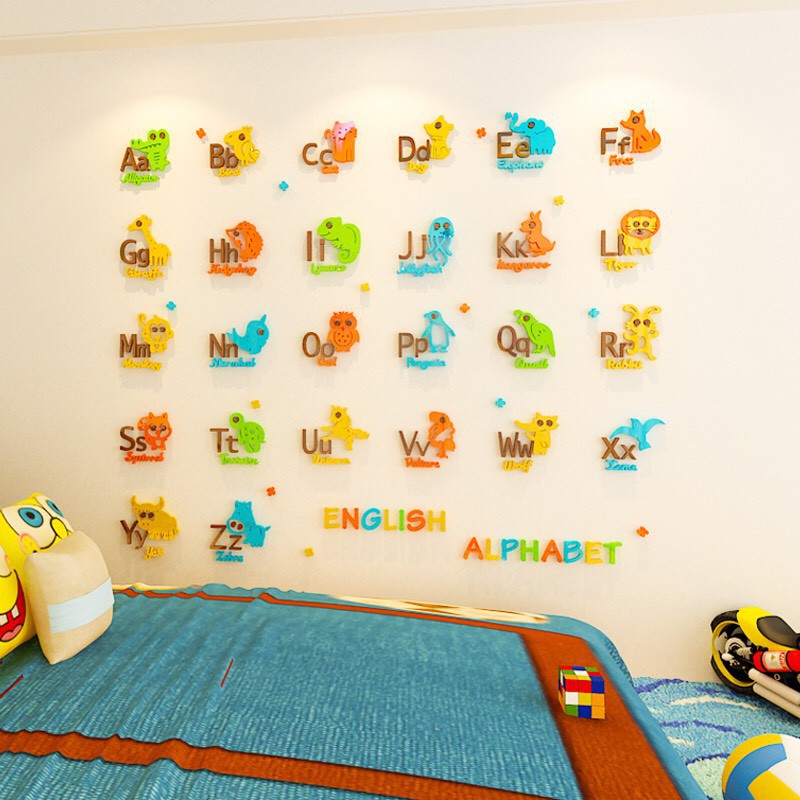 tranh dán tường cho bé 3D - Bảng chữ cái 2019, tranh dán phòng ngủ cho bé, tranh dán khu vui chơi