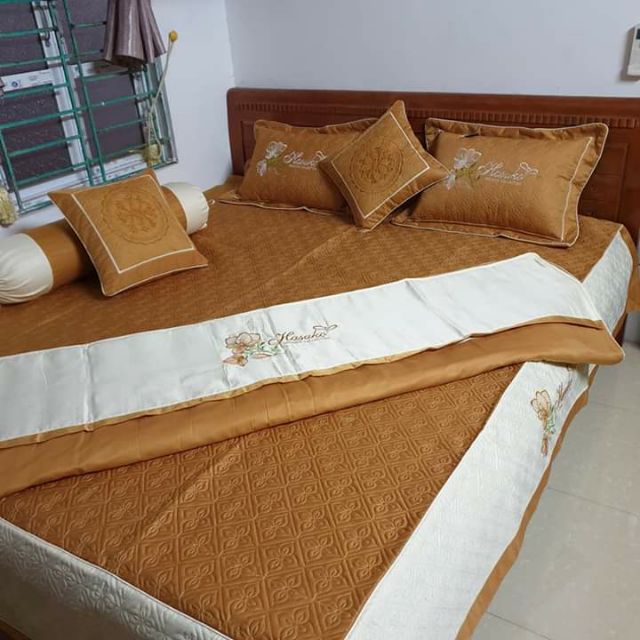 (rẻ vô địch)   Bộ ga gối satin poly cotton 7 món thương hiệu Hansanko