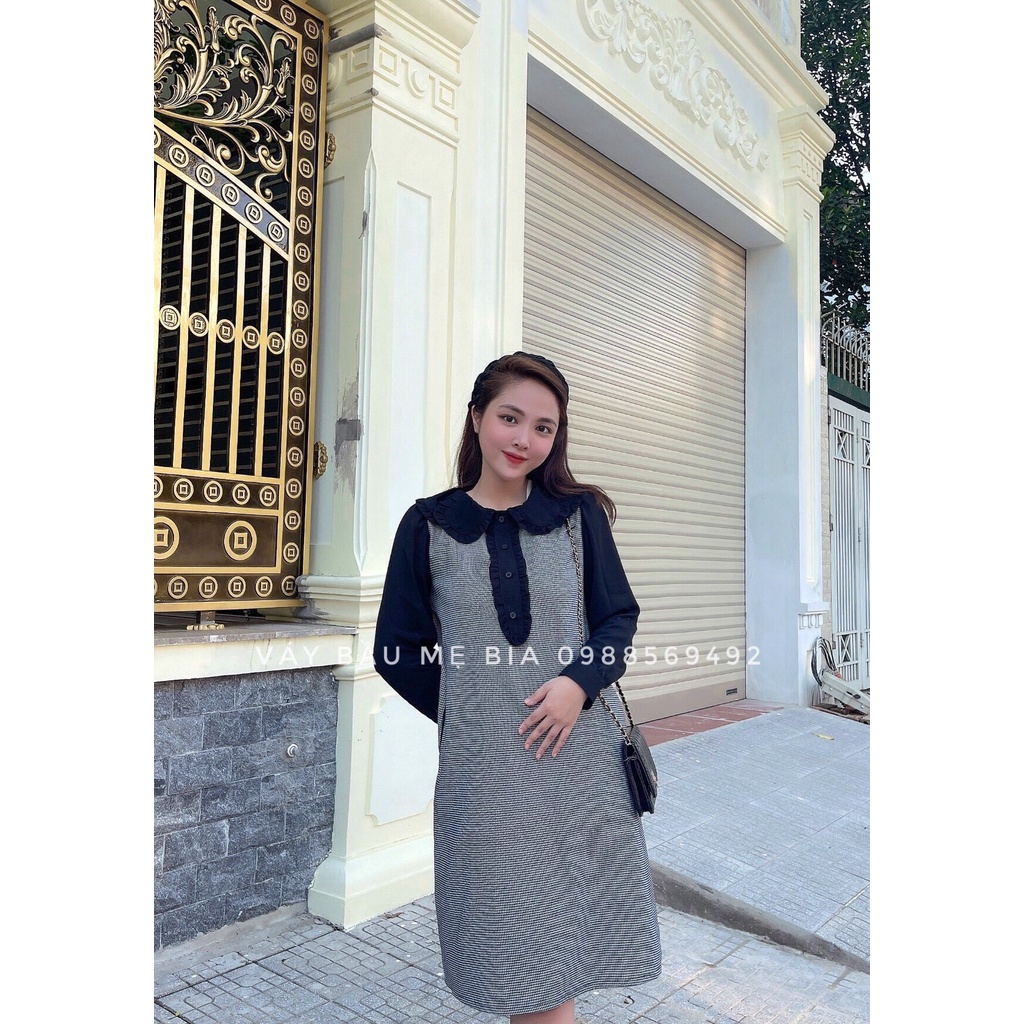 Váy Bầu Thu Đông - Đầm Bầu GUME CARO TAY ĐEN CÚC NGỰC MB177