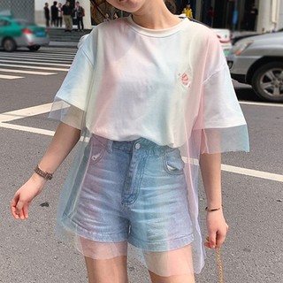 Áo thun ngắn tay phối lưới thêu họa tiết ngộ nghĩnh dành cho nữ