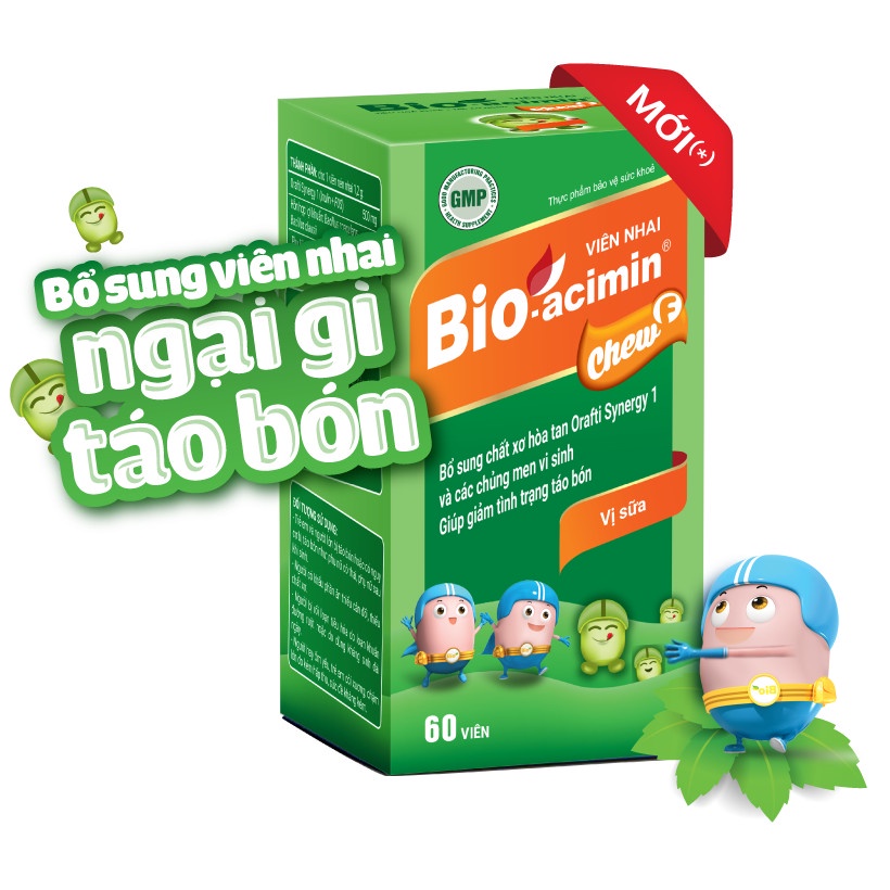 Viên nhai vị sữa Bioacemin chew F lọ 60 viên. Bổ sung chất xơ và các chủng men giúp giảm tình trạng táo bón ở trẻ