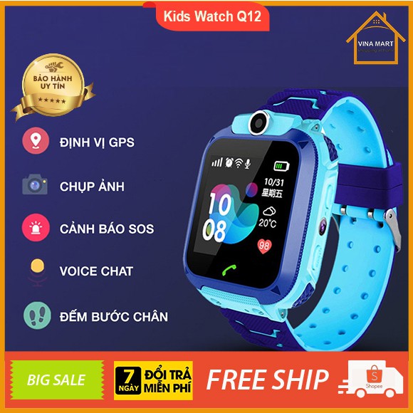 💥[ Bản Mới Nhất 2021 ]💥 Đồng Hồ Định Vị Trẻ Em Lắp Sim Nghe Gọi, Chống Nước Q12 Chụp Ảnh Camera HD Có Đèn Pin Model 2021