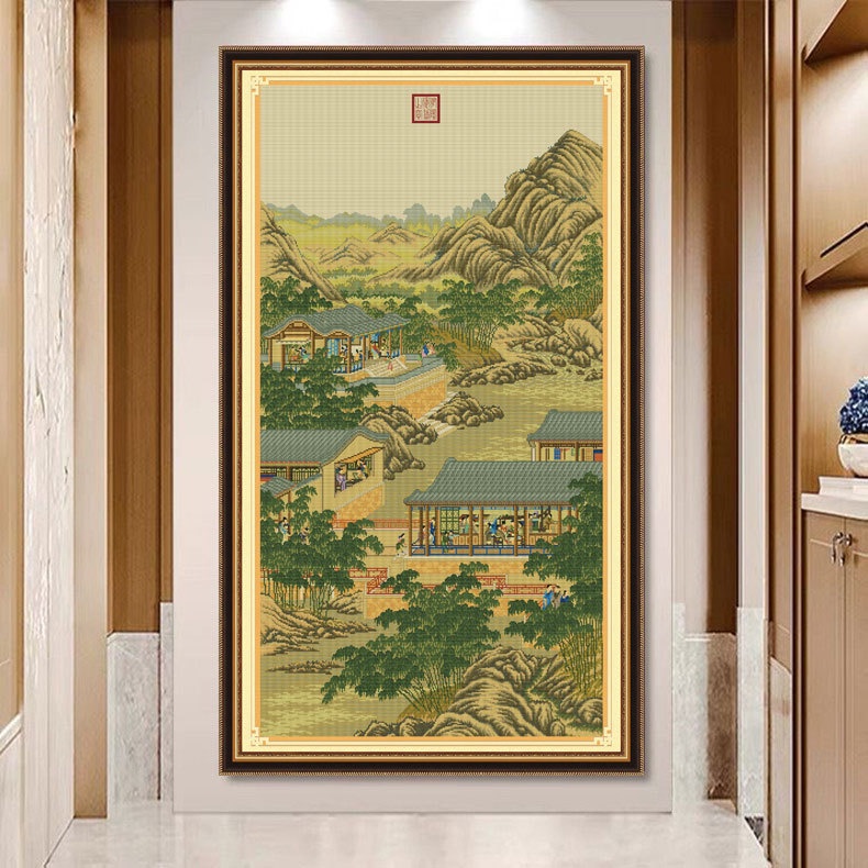 (VẢI NÂU) Tranh thêu chữ thập chỉ lụa phong cảnh 12 tháng Ung chính tháng 10