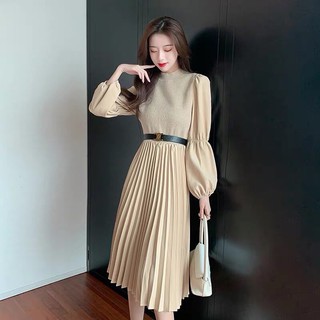 Váy pha thân len maxi kèm đai chân dập ly