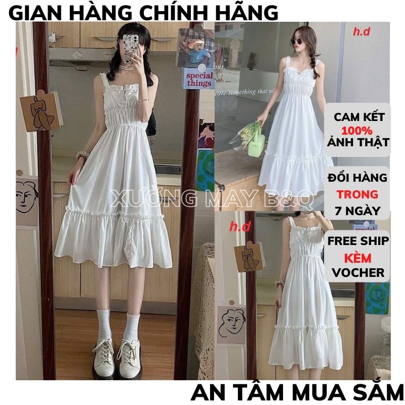 Đầm Trắng Công Chúa Hai Dây Sang Trọng Dự Tiệc Dáng Xòe🍀Váy Maxi 2Dây Chun Ngực Vintage Tiểu Thư Dạo phố ,XM TC2