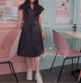 Đầm tay cánh tiên chấm bi thắt nơ eo