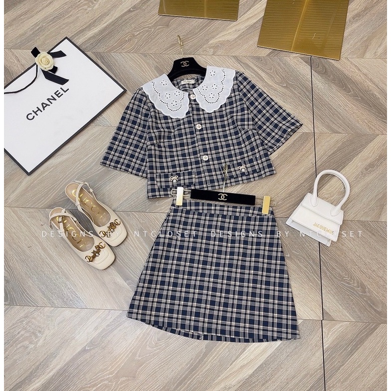 Set áo sơ mi cổ ren mix chân váy kẻ thô nt closet