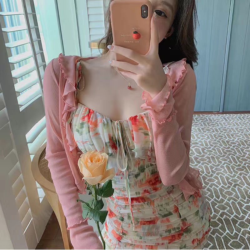 COZOKC COZOK Áo cardigan dệt kim COZOK tay dài phối bèo kiểu dáng thời trang