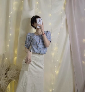 SET SƠ MI HOA XANH PHỐI CHÂN VÁY MIDI