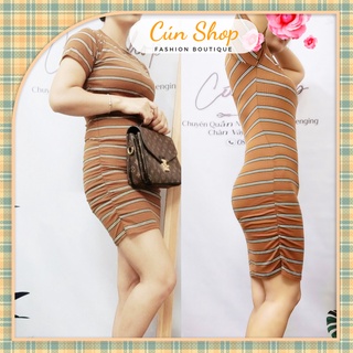 Đầm body len tăm nhún hông kẻ ngang - Cún Shop