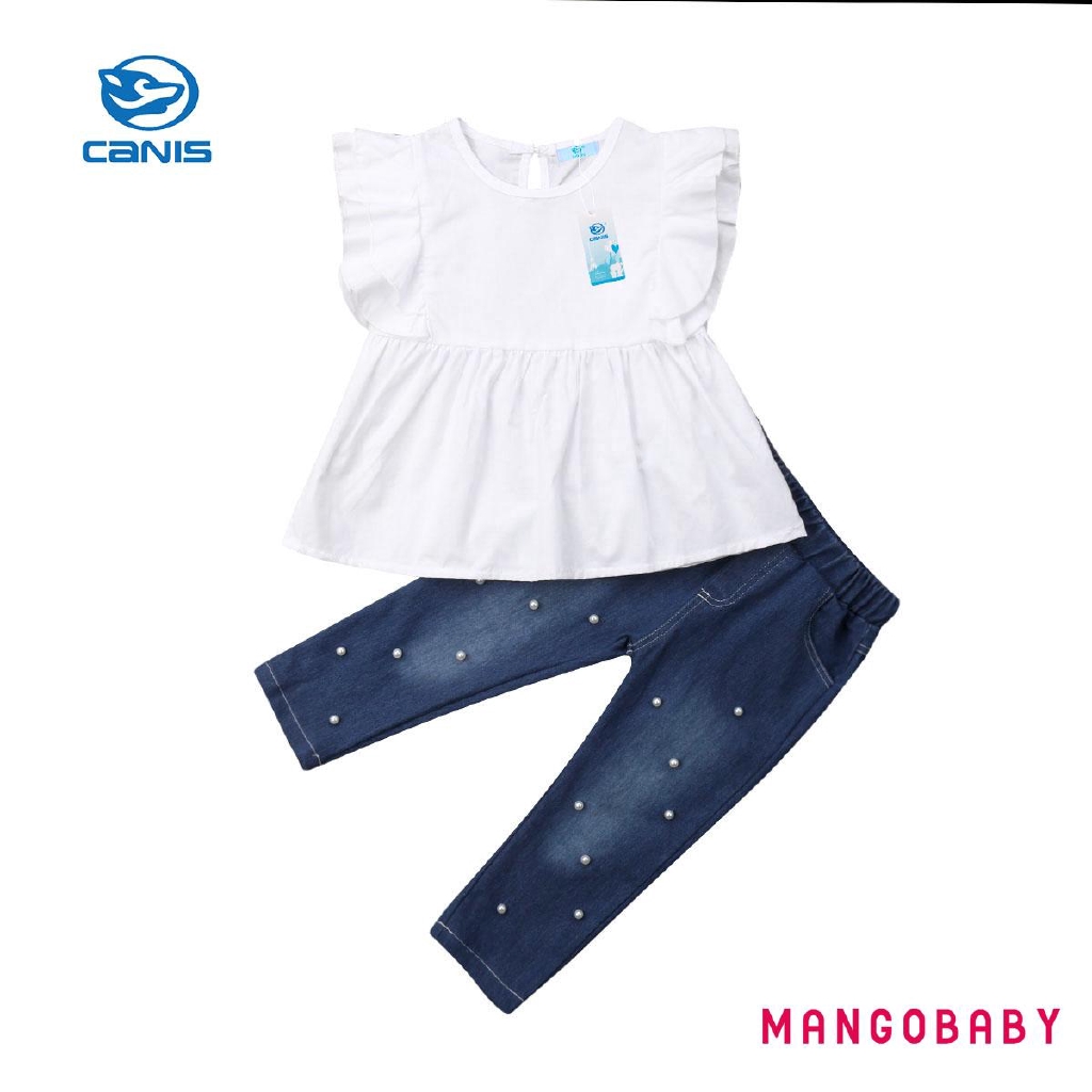 Set áo thun đính ngọc trai + quần denim cho bé gái