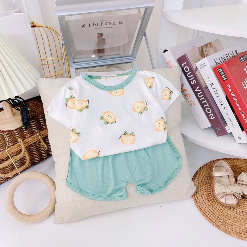 (jean baby kho sỉ)bộ cộc tay mùa hè vải thun lạnh họa tiết mềm mát cho bé