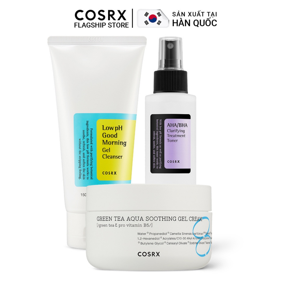 Combo Da Dầu Mụn COSRX: Gel Rửa Mặt Tràm Trà 150ml + Nước Hoa Hồng AHA/BHA 150ml + Gel Dưỡng Trà Xanh, B5 Hydrium 50ml