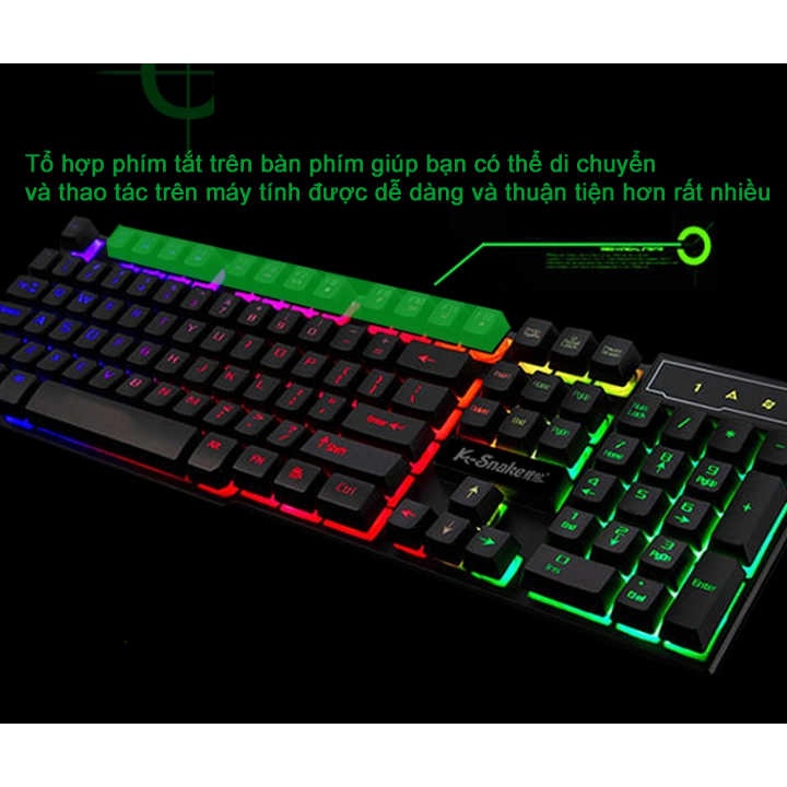 Combo Bàn phím giả cơ chuyên game K-SNAKE K4 Led Xuyên Phím 7 Màu và Chuột game K2 + Tặng kèm tấm lót chuột-YJ
