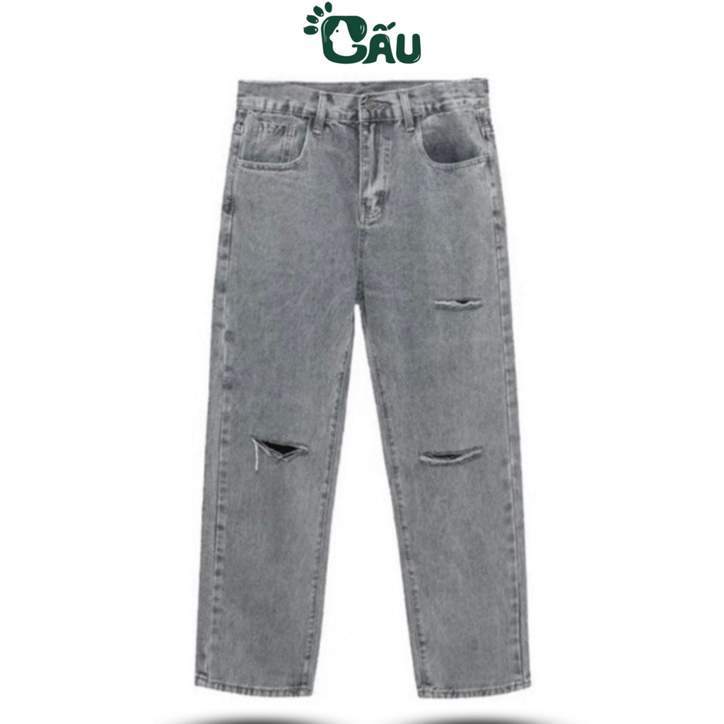 Quần baggy jean nam suông Gấu 194 vải jeans co dãn, dày dặn form slimfit - Jean Suông Xám Rách
